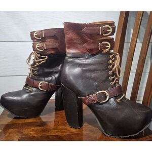 MIISTA Andee Platform Boots Women's Size US 8.5 Brown Leather Buckle Lace-UP